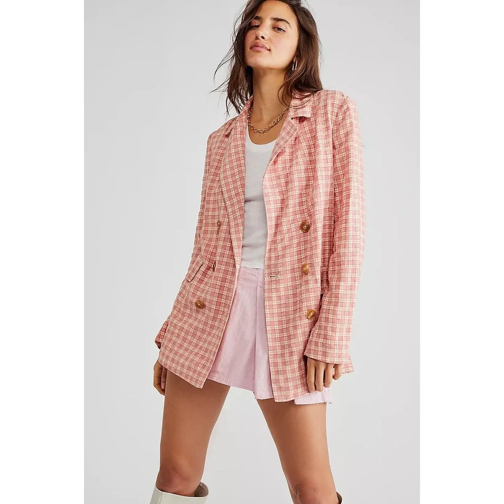 Free People Olivia Gingham Blazer Pink Cream Plaid Jacket Womens Large